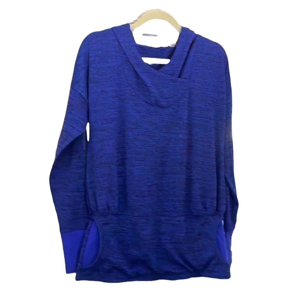 Athleta Heathered Blue Hooded Top Kangaroo Pocket Cross Neck Drop Waist Size S